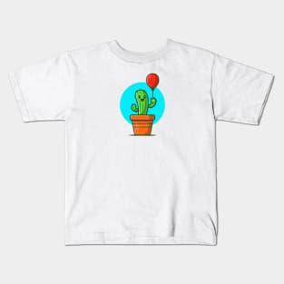 Happy Cactus Plant Holding Balloon Cartoon Kids T-Shirt